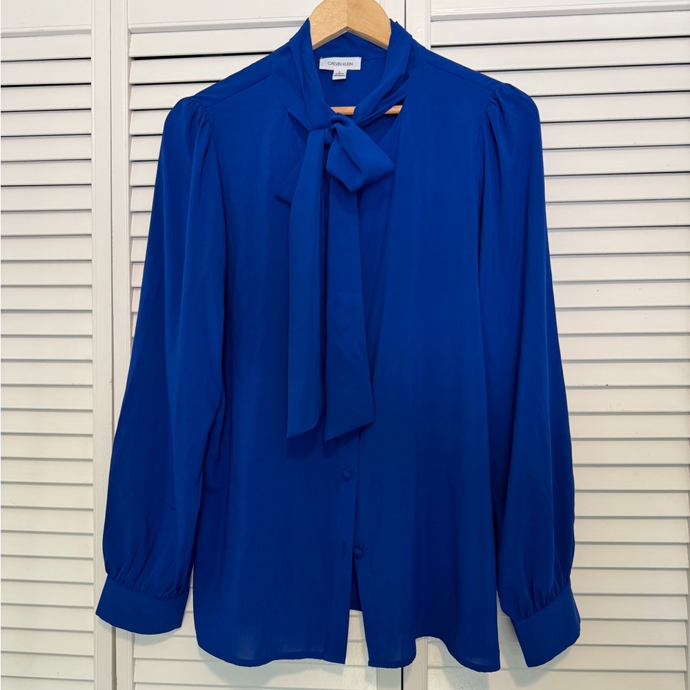 Calvin Klein Size L Blue Bow Tie Neck Long Sleeve Blouse, Button Accent